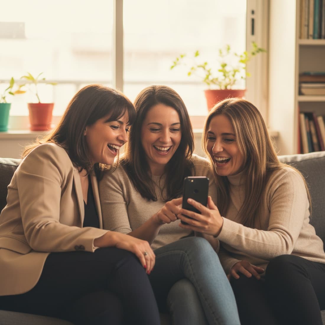 Tres amigas mirando juntas un celular y riendo